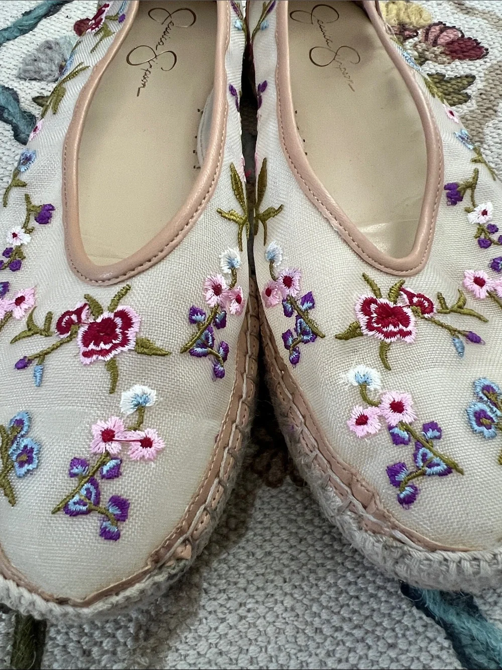 Jessica Simpson Beige Canvas Floral Embroidered Espadrilles